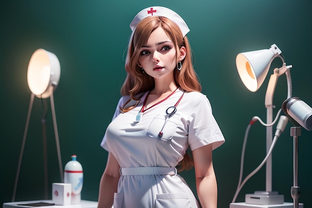 A nurse in a white uniform stands in front of a lamp with a red cross on it.