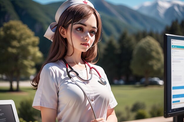 A nurse in a white uniform stands in front of a mountain.