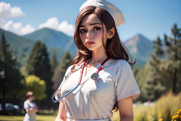 하얀 제복을 입은 간호사가 산 앞에 서 있다.
