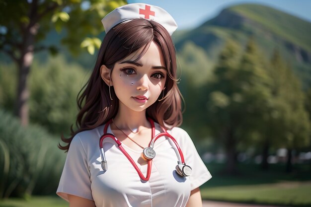 A nurse in a white uniform stands in front of a mountain