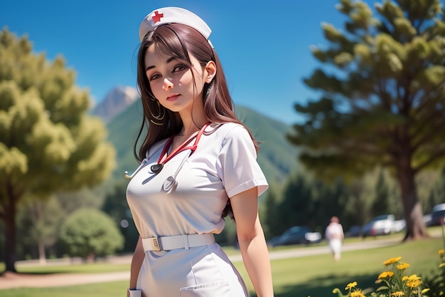 A nurse in a white uniform stands in front of a mountain.