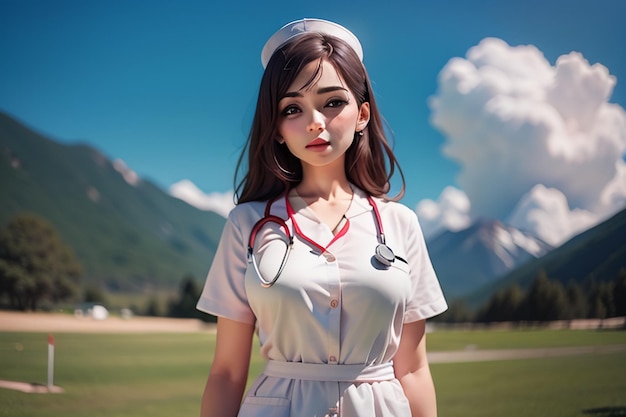 A nurse in a white uniform stands in front of a mountain.