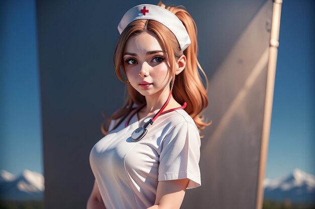 A nurse in a white uniform stands in front of a wall