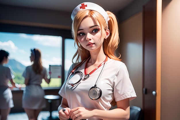 Медсестра в белой форме стоит перед окном с женщиной в белой униформе.