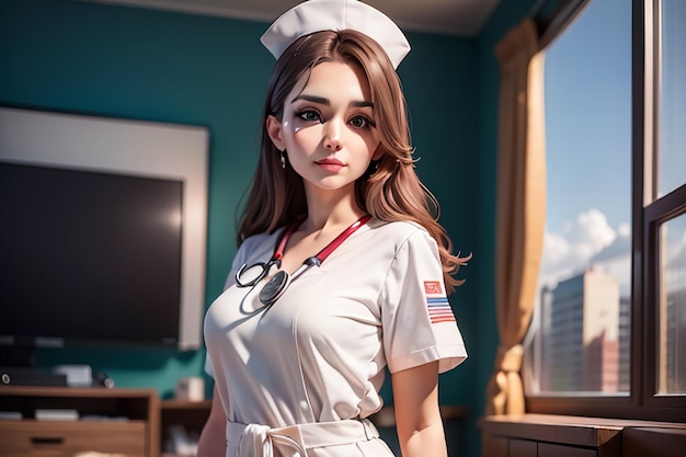 A nurse in a white uniform stands in front of a window.