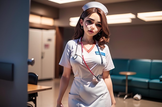 Foto un'infermiera in uniforme bianca si trova in un corridoio con una porta che dice 