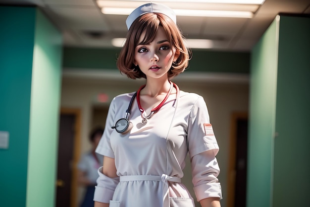 A nurse in a white uniform stands in a hallway with a green wall behind her.