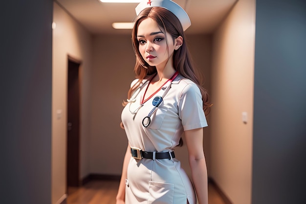 Photo a nurse in a white uniform stands in a hallway with a red star on her chest.