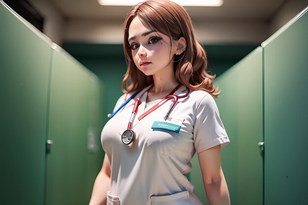 Photo a nurse in a white uniform stands in a hallway.