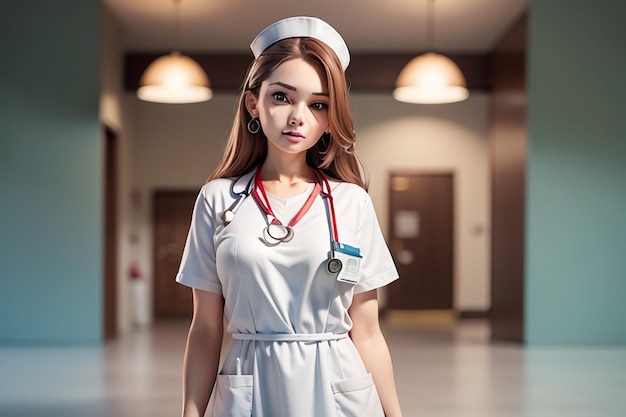 A nurse in a white uniform stands in a hospital corridor.