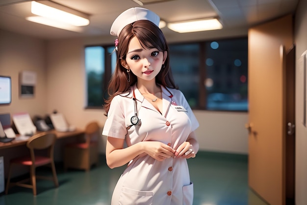 A nurse in a white uniform stands in a hospital hallway.