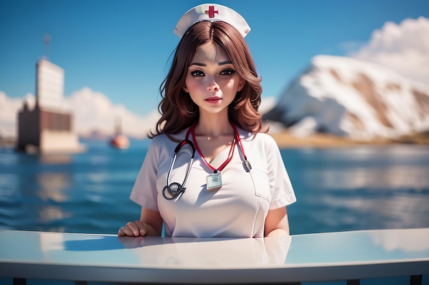 A nurse in a white uniform stands at a table in front of a mountain.