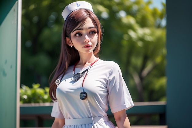 胸に数字の「1」が付いた白い制服を着た看護師