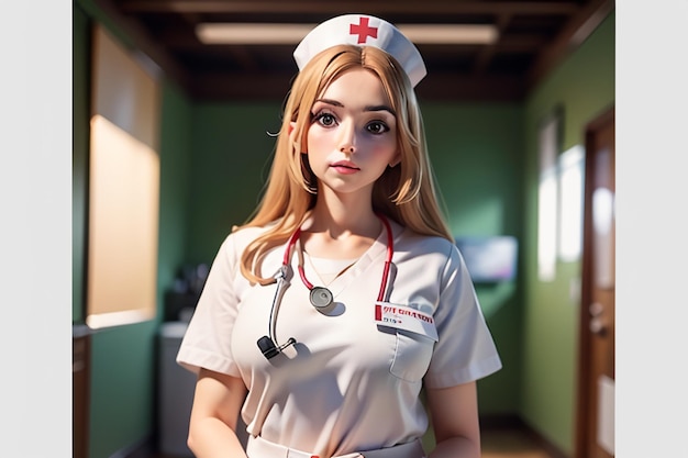 A nurse in a white uniform with a red cross on her chest.