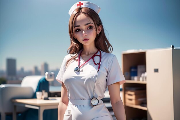 A nurse in a white uniform with a red cross on her chest