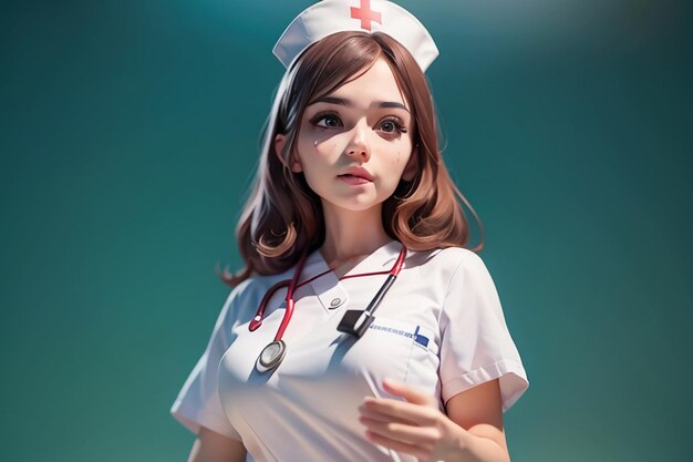 A nurse in a white uniform with a red cross on her chest.