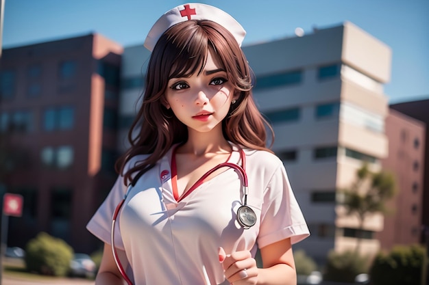 A nurse in a white uniform with a red cross on her neck