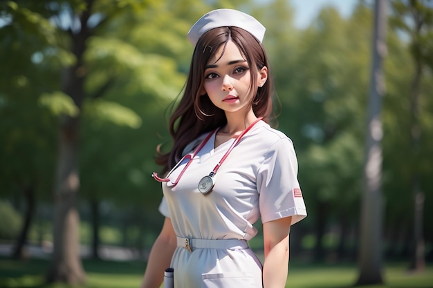 A nurse in a white uniform with a stethoscope around her neck