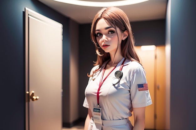 A nurse in a white uniform with the word doctor on it