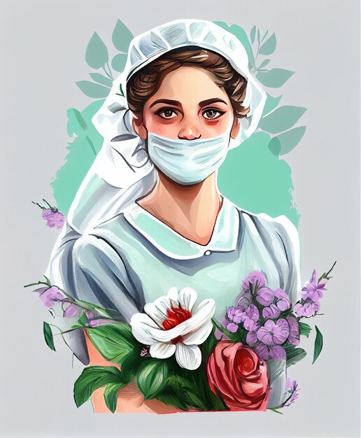 Nurse with a mask on holding flowers and a phone generative ai