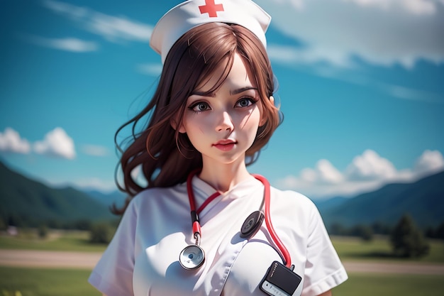 A nurse with a red cross on her cap