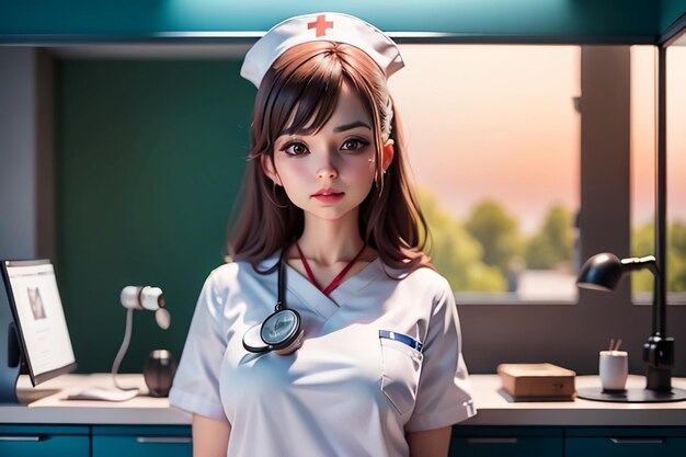 胸に赤い十字をつけた看護師が窓の前に立っています。