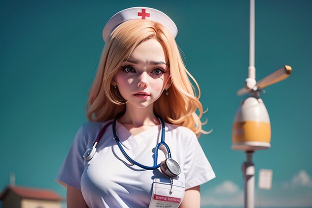 A nurse with a stethoscope around her neck stands in front of a blue sky.