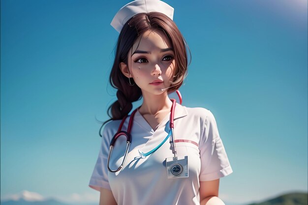 A nurse with a stethoscope on her neck stands in front of a blue sky.