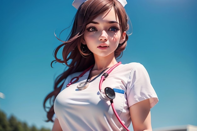 A nurse with a stethoscope on her neck stands in front of a blue sky.
