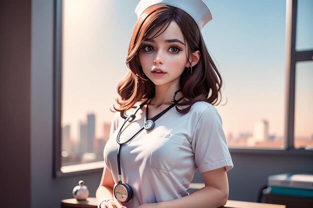 A nurse with a stethoscope on her neck stands in front of a cityscape.