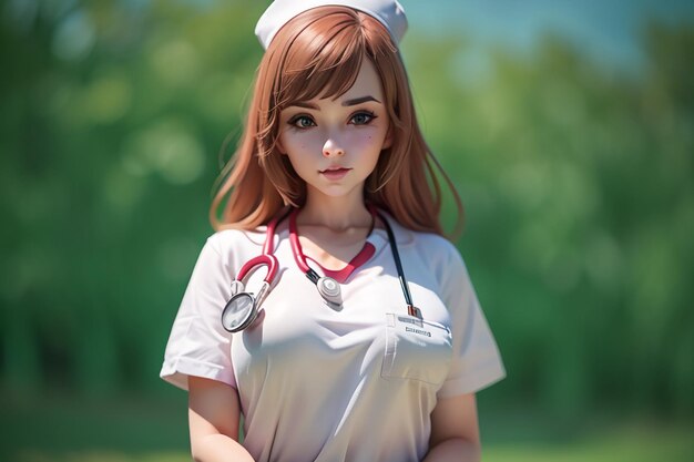 A nurse with a stethoscope on her neck stands in front of a green background.