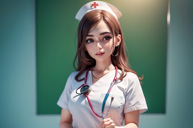 A nurse with a stethoscope on her neck stands in front of a green wall.