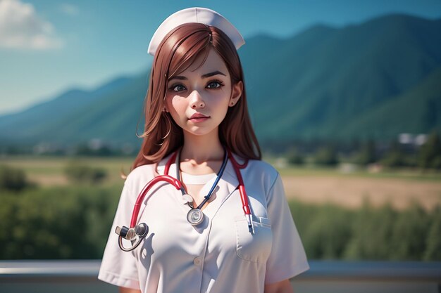 A nurse with a stethoscope on her neck stands in front of a mountain landscape.