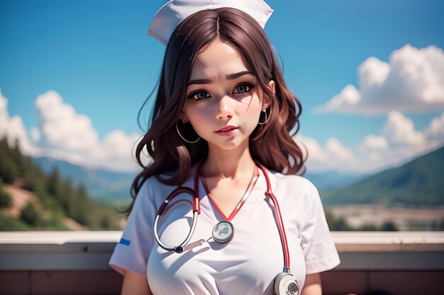 A nurse with a stethoscope on her neck stands in front of a mountain.