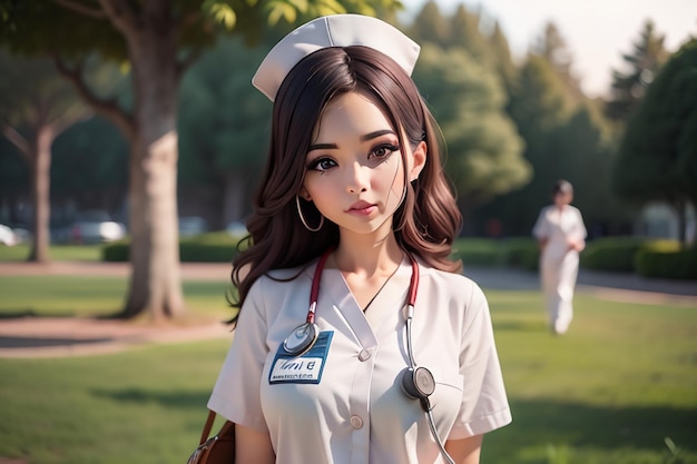 목에 스테토스코프를 든 간호사가 공원에서 서 있다.