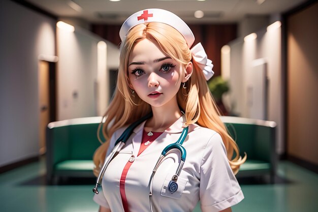 A nurse with a stethoscope on her neck stands in a waiting room.