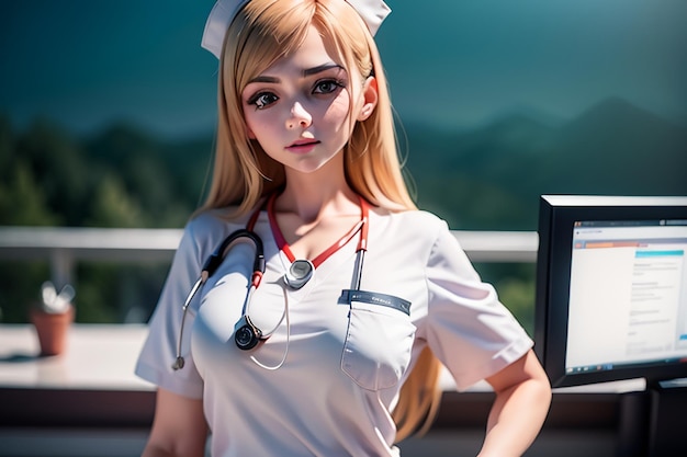 A nurse with a stethoscope on her neck