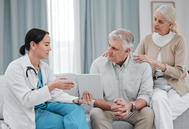 Nurse with tablet results consulting old couple in hospital after surgery or medical test report for support News healthcare clinic or doctor working or helping a depressed or sick elderly person