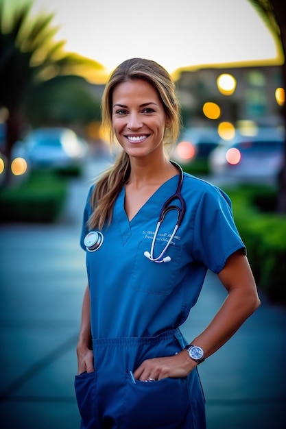 Nurse woman 30 years old in a blue scrub hair tied back on top of the head hospital background