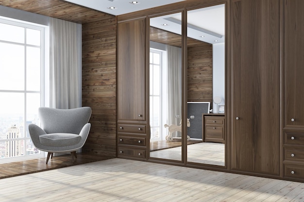 Nursery corner with a wooden floor and walls, a massive wooden wardrobe and an armchair near the window. 3d rendering