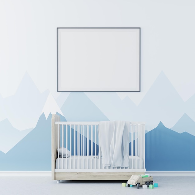 Photo nursery interior with bllue walls, a concrete floor, a cradle with a framed poster above it . a toy on the floor. 3d rendering mock up