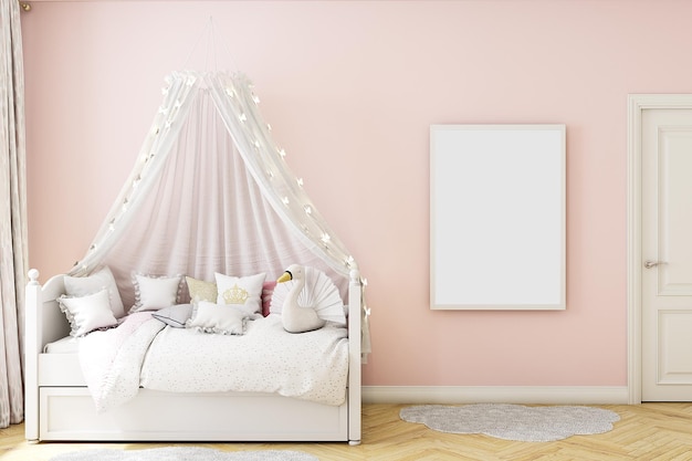 Nursery mockup pink bedroom with a poster for a girl's room 3d rendering