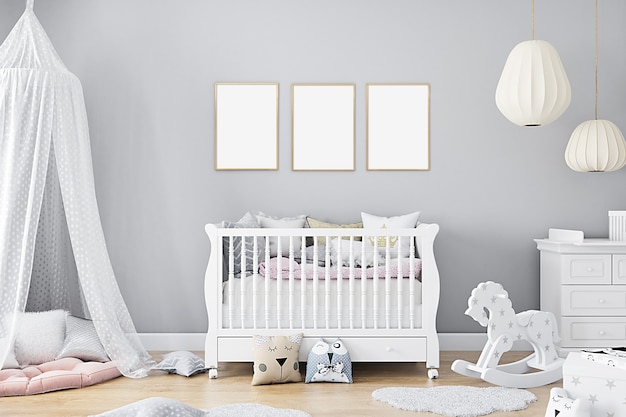 Nursery mockup with three frames on gray wall background