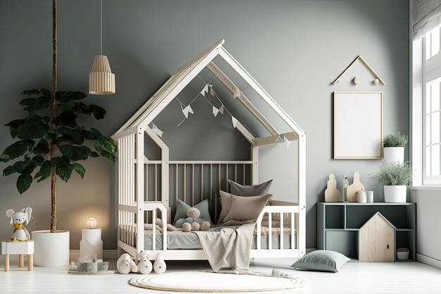 A nursery in Scandinavian design with a wooden house bed