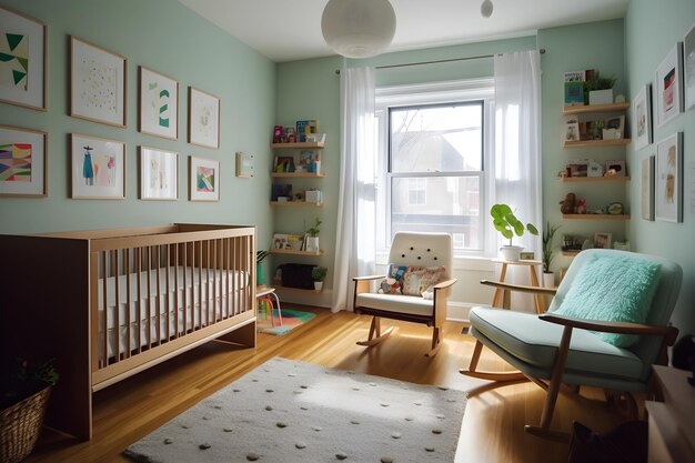 A nursery with a crib and a chair that says'the letter a '