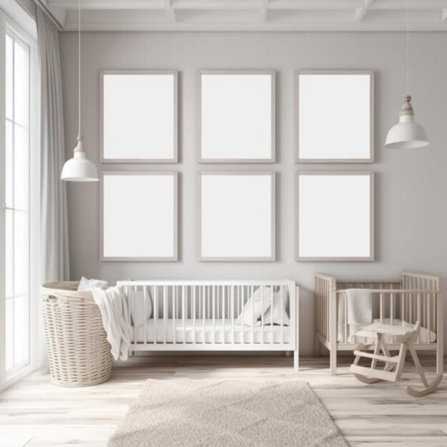 A nursery with four framed pictures on the wall and a crib with a baby crib in the corner.