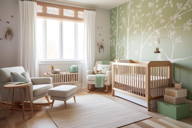 A nursery with a green wallpaper with a tree pattern.