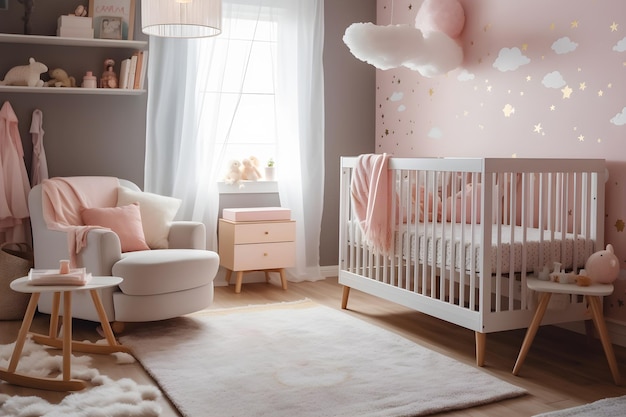 A nursery with a pink wallpaper with a white crib and a white crib with a cloud pattern.