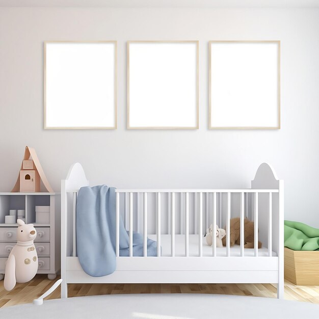 A nursery with three empty frames on the wall and a baby crib with a blanket on it.