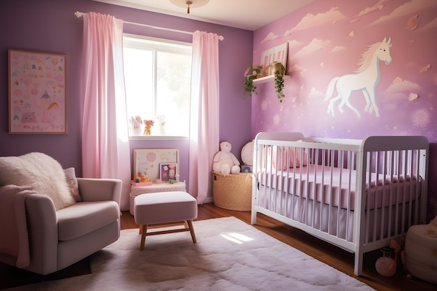 A nursery with a unicorn theme wallpaper